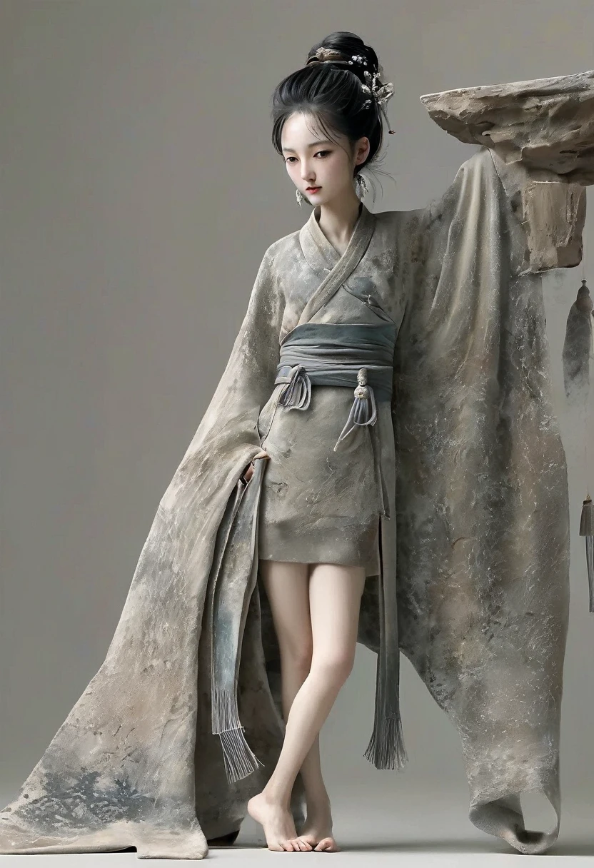 (masterpiece, Highest quality:1.2),超軽量clay,soil,clay,Loosely knitted fabric,old,dirty, mineral pigments,3Dclayclay彫刻艺术,clay彫刻,Rough surface,(Clione-like angel,sight。Exaggerated image。Long legs,barefoot,Engraved mark。)Rough surface和肌理,陶土clay彫刻艺术:1.37,(((Words engraved on the body。Tattoo。Hanfu has patterns of characters,)))whole body,Very detailed,Lonely,Clean background