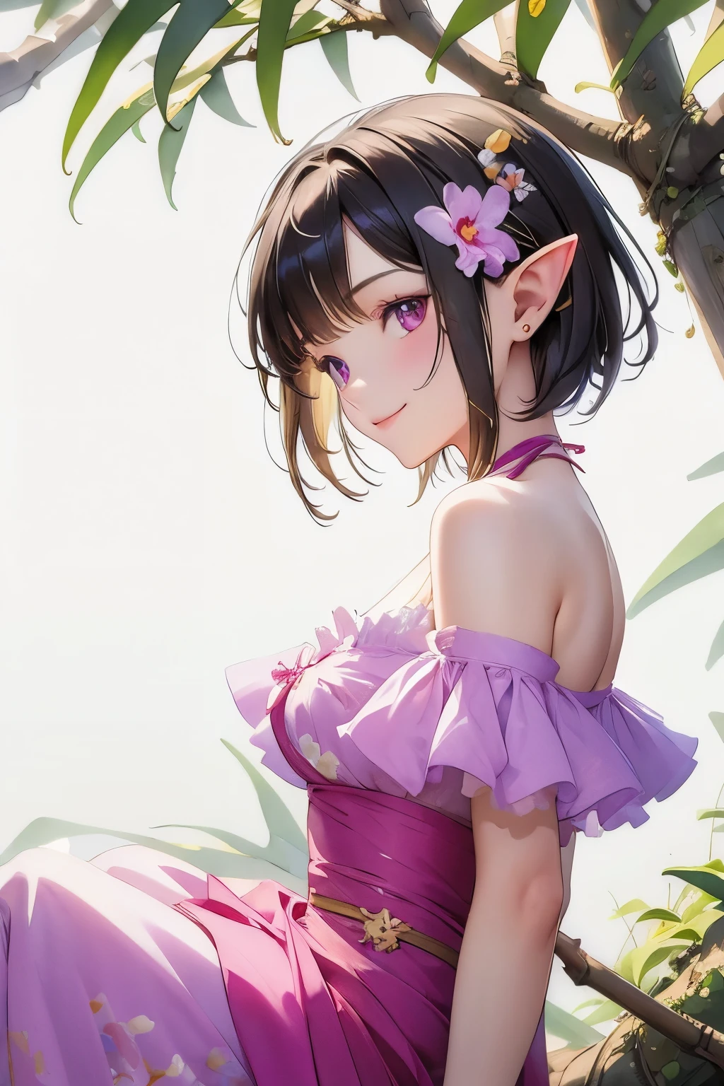 ((Cattleya, Three Flowers, close, whole body, ))、(Elf sitting on a tree branch、short hair、A kind smile、Small breasts)、Soft Focus、((Sargent-style watercolor))、((White Background))、(No background)、Blur the background、(Highest quality、High resolution、masterpiece)、4k anime art、
