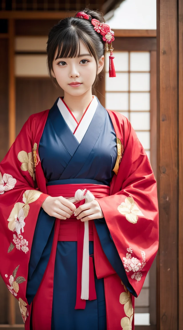beautifully、Cute Girls、About 26 years old、Japanese clothing、hair ornaments、Red kimono、Full body portrait、Hair tied up、