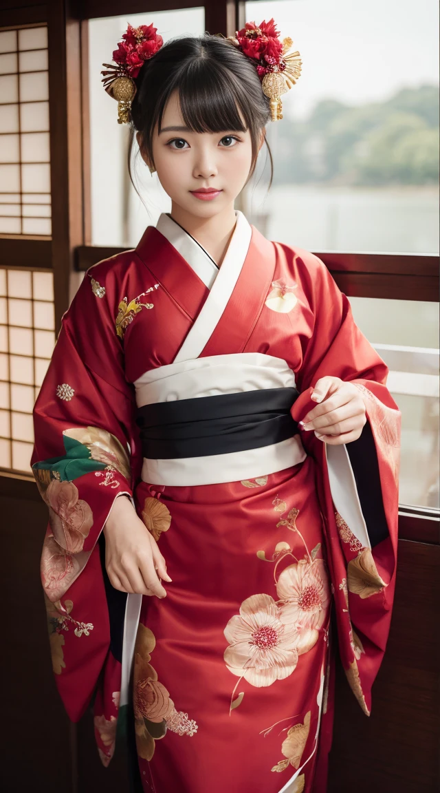 beautifully、Cute Girls、About 26 years old、Japanese clothing、hair ornaments、Red kimono、Full body portrait、Hair tied up、
