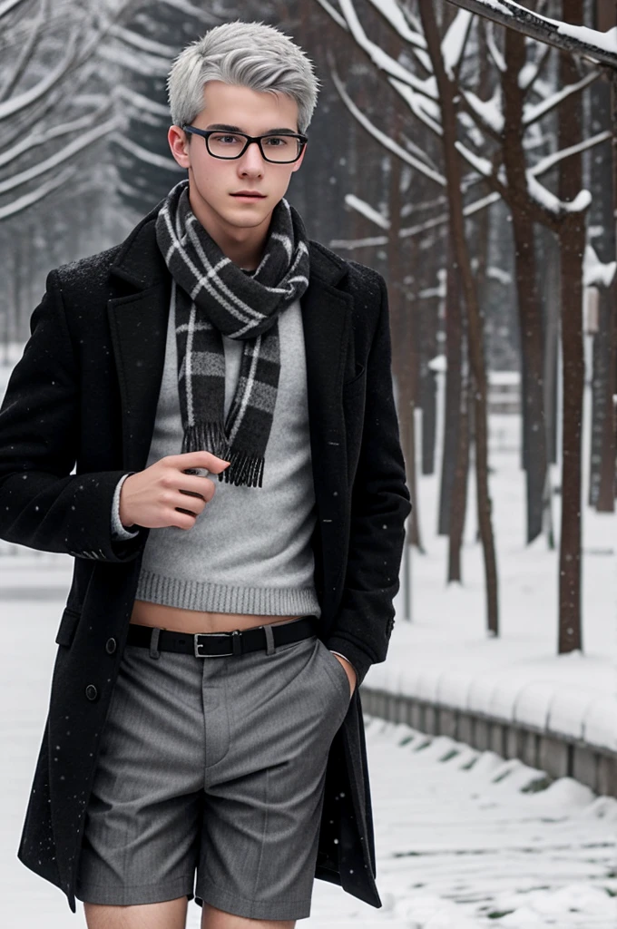 Male high school student White-gray hair, glowing red eyes, wears glasses, a gray-black scarf. black coat black and white shorts Open your stomach a little when it snows.