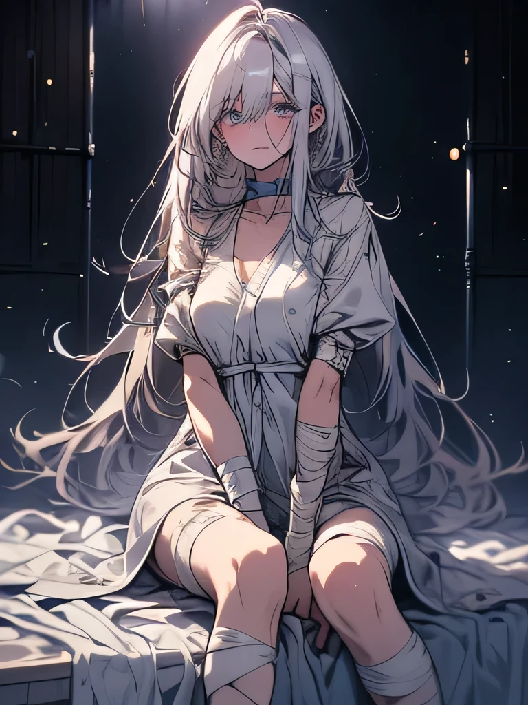 (Confused, High resolution, Very detailed), 1 female, Silver Hair, Long Hair, golden left eye and purple right eye, heterochromia, White patient gown, Appearance of the injury,24th generation, beauty, mature, thin, quiet, Calm, Sitting on a medical bed, Bandage on right arm, hospital, was injured, bandage, Pain々Shii, bandage on arms, bandages on legs, perfect proportions, perfect hands, form fitting hospital gown