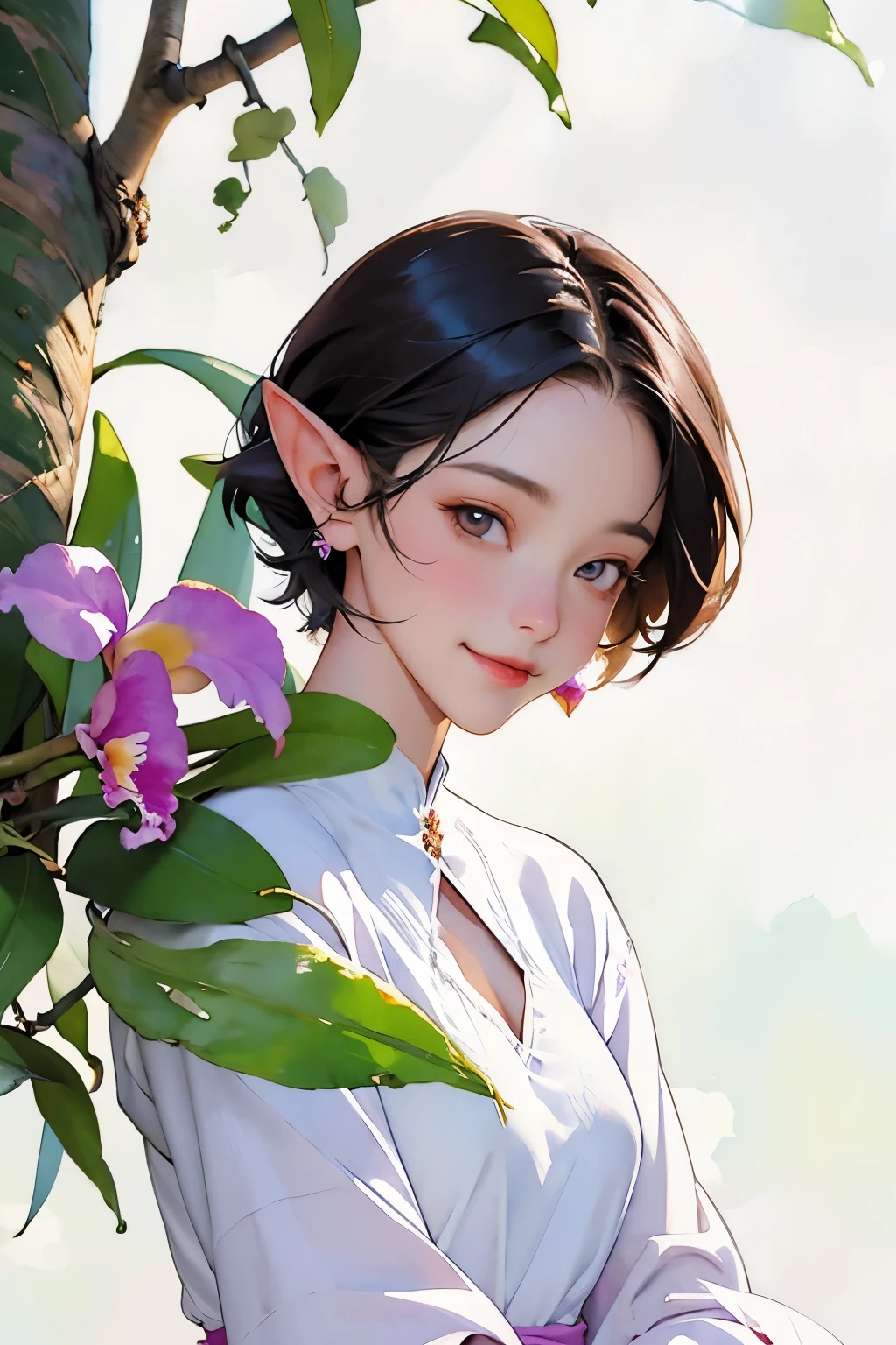 ((Cattleya, Three Flowers, close, whole body, ))、(Elf sitting on a tree branch、short hair、A kind smile、Small breasts)、Soft Focus、((Sargent-style watercolor))、((White Background))、(No background)、Blur the background、(Highest quality、High resolution、masterpiece)、4k anime art、
