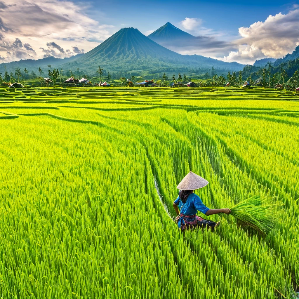 a photograph of a young woman working in a indonesian rice field with a mountain in the background, an ultrafine detailed photo inspired by Rudy Siswanto, cg society contest winner, javanism, vincent callebaut composition, rice paddies, vincent callebaut, thailand art, indonesian farmer, beautiful digital artwork, scenery artwork, a beautiful artwork photograph.