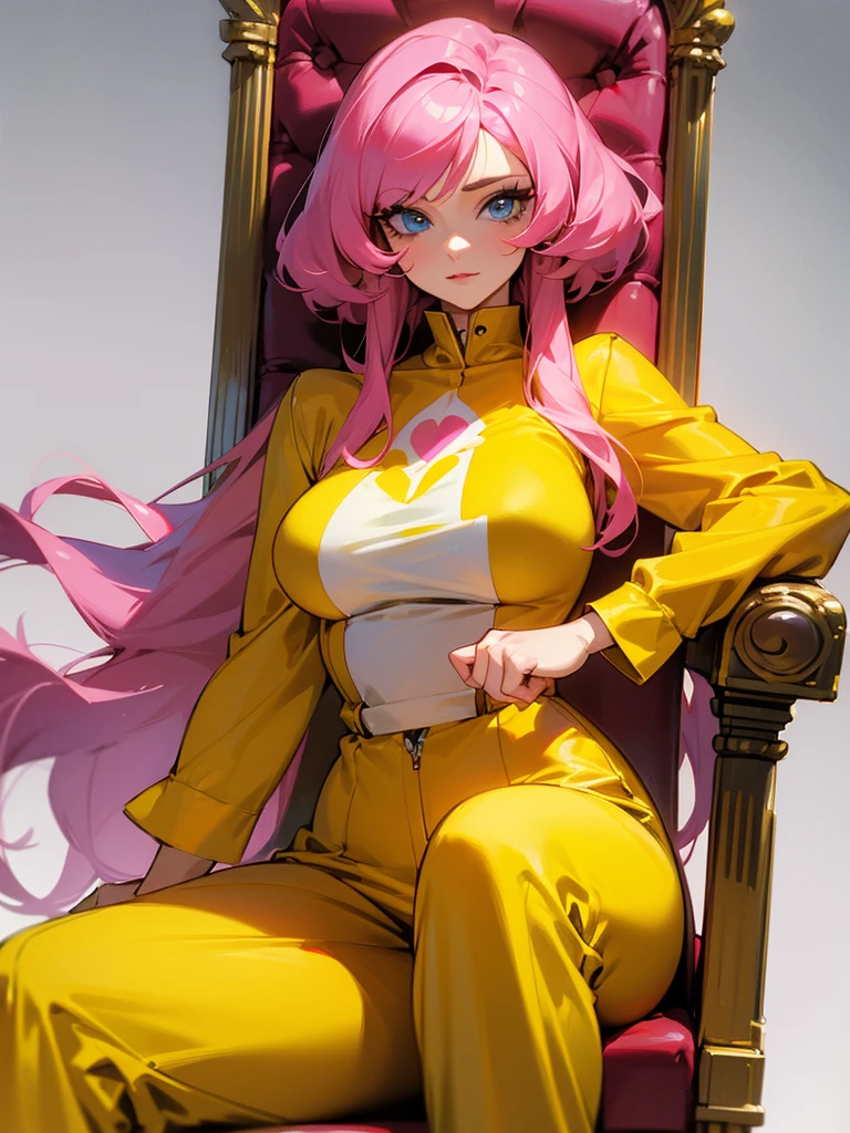 a mature woman , pose de heroi, big pink hair, blue bright eyes, wearing a mustard yellow jumpsuit. pose de heroi, big breasts35 years old, sitting on a royal throne