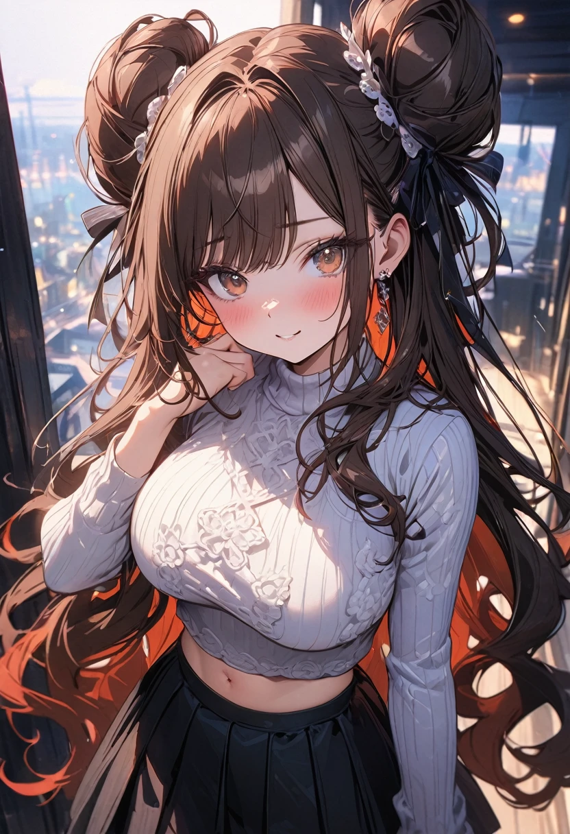 (masterpiece), best quality, very aesthetic, newest, absurdres, detailed, high quality
BREAK
highest quality, top quality, details, highres, ultra fine painting, digital art, official art, splash art, cinematic, 4k, 8k resolution, 8K CG wallpaper, original artwork, detailed background, blue atmosphere, High Dynamic Range, blurry background, blue hour, Starburst effects, crepuscular rays, good ISO, high resolution, wide shot, from far away, RAW photo, POV, sharp focus, light reflection, reflections, intricate details, soft light, particle noise, professional photography, bokeh, depth of field, studio lighting, vibrant colors, detailed lights and shadows, stylish, ultra-detailed, top rated on Pixiv, trending on Artstation, niji style, modern-days, master crafted, pose
BREAK
solo, (close up), 1girl, pale skin, correct fingers, detailed hand, (big breasts:1.2), big thighs, small torso, short body, flushtered, blush, anxious expression, embarassed, embarassed act, casual, slim, ((cute, childlike face):1.3), nice body, nice hips, brown hair, (very long flowing hair, 2 buns hairstyle), long bangs, long hair, middle hair bangs, brown eyes
BREAK
(white cropped puffy sweater, tummy skin, belly button, short pleated skirt) 
BREAK
Indoors apartment background