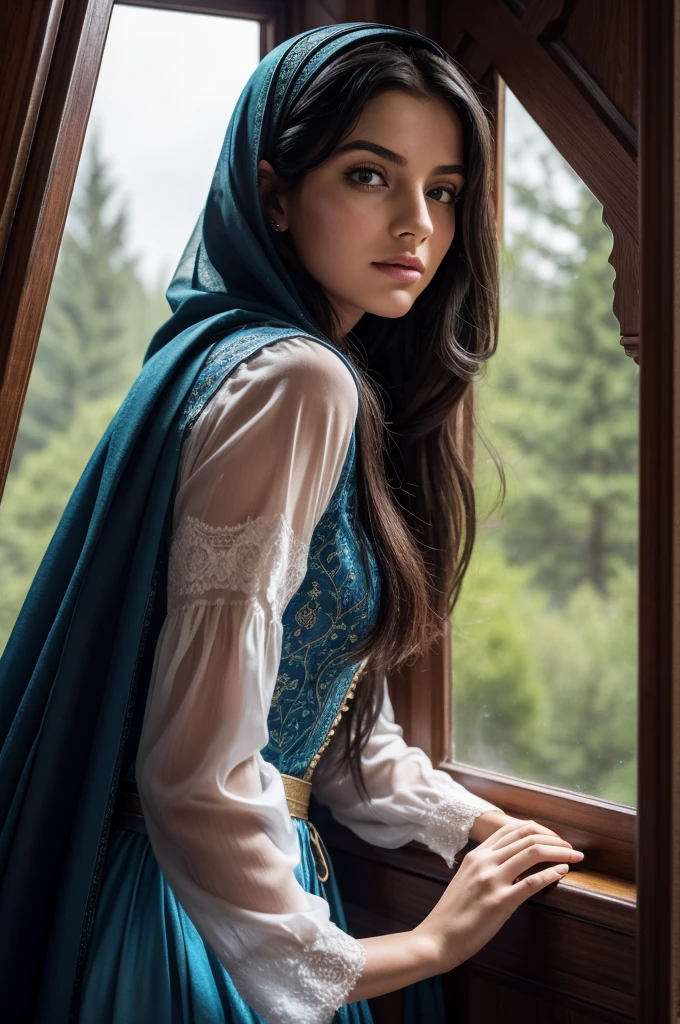 قلعة كبيرة ومظلمة بأجواء magicية وetherealة. There are high towers in the castle. The castle is surrounded by large and wooded forests. There is the face of a girl with black hair, German accents, and a pale face, looking out the window. which is imaginary. fantasy. magic. ethereal. High quality.