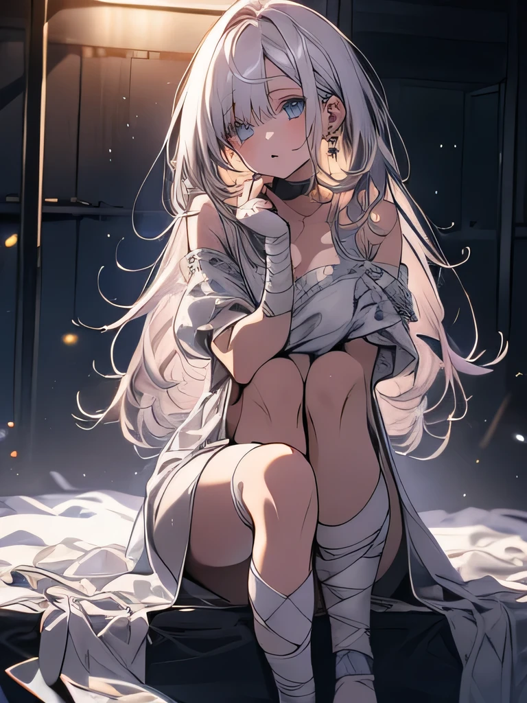 (Confused, High resolution, Very detailed), 1 female, Silver Hair, Long Hair, golden left eye and purple right eye, heterochromia, White patient gown, Appearance of the injury,24th generation, beauty, mature, thin, quiet, Calm, Sitting on a medical bed, Bandage on right arm, hospital, was injured, bandage, Pain々Shii, bandage on arms, bandages on legs, perfect proportions, perfect hands, form fitting hospital gown