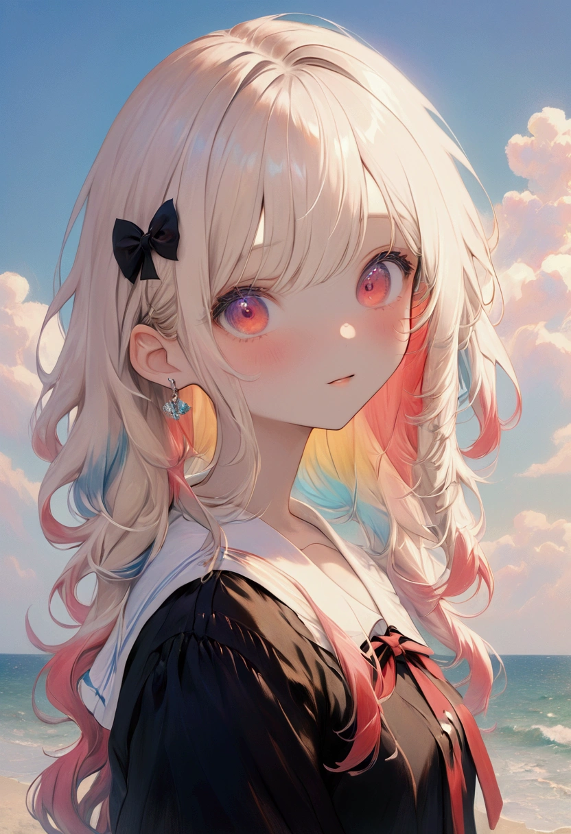 (portrait), masterpiece, best quality, ultra-detailed, illustration, close-up, straight on, face focus, 1girl, ijichi_nijika, solo, blonde_hair, shirt, white_shirt, red_eyes, side_ponytail, bow, collared_shirt, red_bow, smile, bangs, outdoors, upper_body, sidelocks, closed_mouth, bowtie, short_sleeves, looking_at_viewer, long_hair, sky, hand_on_own_chin, blush, red_bowtie, ahoge, school_uniform, day, ocean, blue_sky, beach, cloud, 《(Schneider pastel ink, glaze overcoat, Pale blurred outline, creation of light and shadow): 1.4, rich colors, expressive technique, 》natural light shining through, moody atmosphere, dark shadows,The tones are also visibly luminous