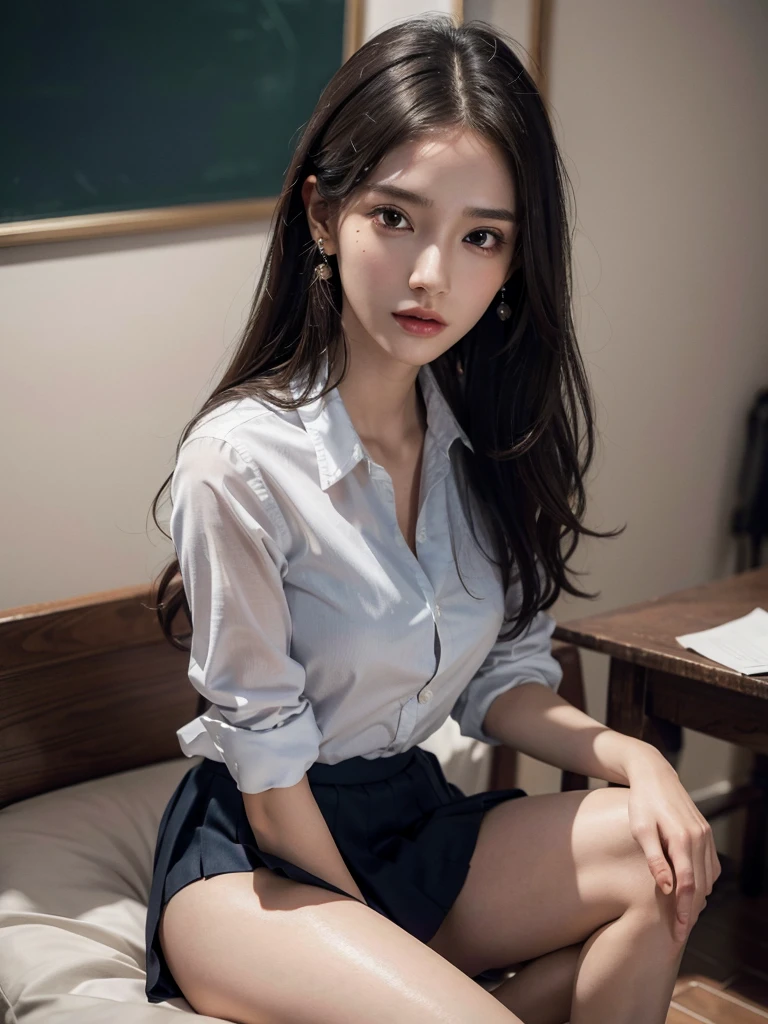 absurdres, RAW photo, extremely delicate and beautiful, masterpiece, Best Quality, ultra high resolution, 32k, hyperrealistic, ultra-detailed, perfect anatomy, anatomically correct, perfect figure, Perfect Style, Perfect balance, super Detailed skin, in her 30s, very Slim body, narrow waist, very small head, very small face, delicate facial features, handsome detailed woman, very detailed eyes and face, realistic face proportions, Realistic beautiful face, Realistic beautiful eyes, tearful mole, earring, very huge round , (full body shot:1.2), (bare legs:1.2), medium hair, indoor, (school_uniform:1.2), dress shirt, skirt, sleeveless,