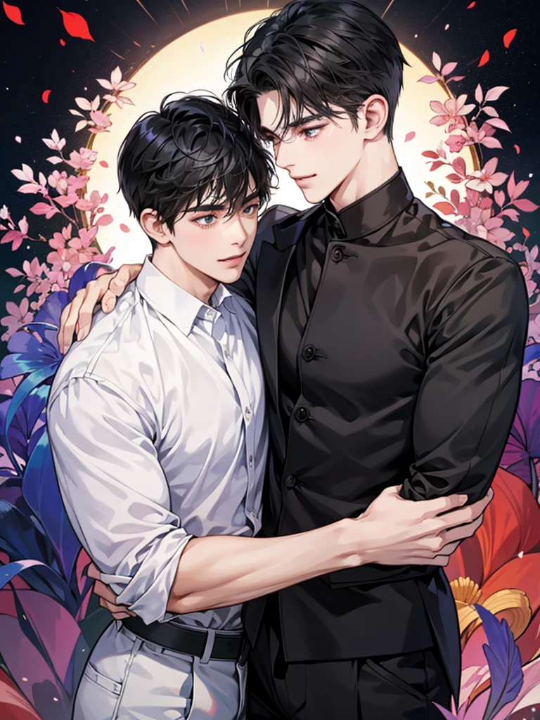 absurdres, highres, ultra detailed, HDR) master piece, best quality, Kim Dokja, black straight hair, with bangs, short hair, expressive brown eyes, white coat, omniscient reader's viewpoint, Yoo Joonghyuk, black hair, expressive gray eyes, black coat, two sexy men together, yaoi, gay couple, handsome, toned chest, magical fantasy, pink butterflies, glittering, sparkling, pink lotus, petals, radiant, water