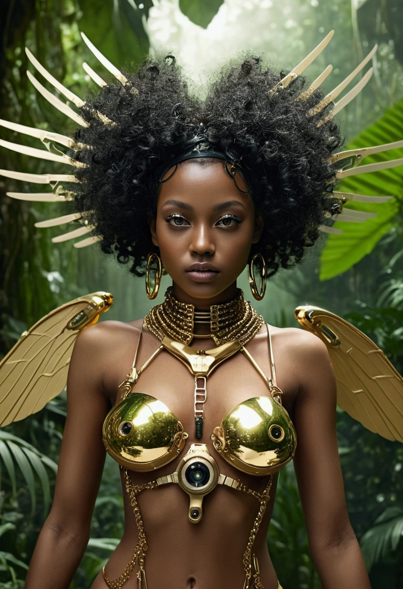 Nude African American woman with futuristic glass mechanical wings, Only in gold body jewelry floats in the air like a cyberpunk fairy, Flying in the jungle, Face ultra detailed, ((flying girl)), ((flying on the się, above the green wild jungle)) ((Girl flying in the sky in futuristic)), She flying, Flying like a fairy cyberpunk, Highly detailed texture of face and skin, big green eyes, juicy lips, bimbo lips, Caucasian skin, pale skin, skin fair (black afro curly hair), (darkskin), detailedeyes, Double eyelids, wet curly black hair, gold metal cyberpunk ribbons, metal  collar, metal gold futuristic ((piercing vaginal)), gold jewels on wet skin, skin wet. she is naked, with swollen medium breasts, a golden substance on the bare chest, and naked, Ebony black skin, She's in the futuristic Cyberpunk Flying Disc drone in the jungle, a futuristic cyberpunk pilot helmet on his head. Piercing no nariz. (whole body), ((Dynamic posture, Flying stance)), Flying like a fairy