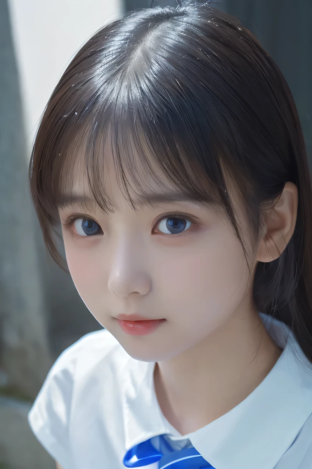 (8k、masterpiece, Highest quality, High resolution,Super Resolution,Very detailed)、1 Girl、(************)、Round face、slim、(Flat Body:1.45)、cute、 (Close up face shot:1.23)、White shirt with blue tie、Fantasy、Gazing at Something Off-Frame、(Chiaroscuro:1.3)、