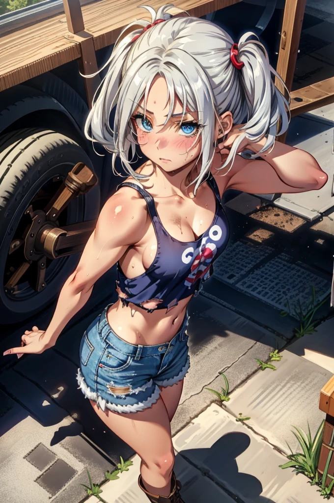 blue eyes, Silver Hair,Twin tails, My makeup has come off, (Very detailed CG ユニティ 4k 壁紙),(masterpiece),(Highest quality),(Very detailed),(Best illustrations),(Best Shadow),(Absurd),(Detailed Background), Trailer park trash, Short Silver Hair (Very troublesome), crop top tank top (dirty), Denim shorts(dirty), Cowgirl Boots, Sad expression, dirty女の子, Are standing, poor,Sunburn