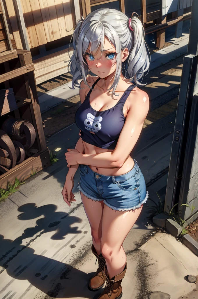 blue eyes, Silver Hair,Twin tails, My makeup has come off, (Very detailed CG ユニティ 4k 壁紙),(masterpiece),(Highest quality),(Very detailed),(Best illustrations),(Best Shadow),(Absurd),(Detailed Background), Trailer park trash, Short Silver Hair (Very troublesome), crop top tank top (dirty), Denim shorts(dirty), Cowgirl Boots, Sad expression, dirty女の子, Are standing, poor,Sunburn