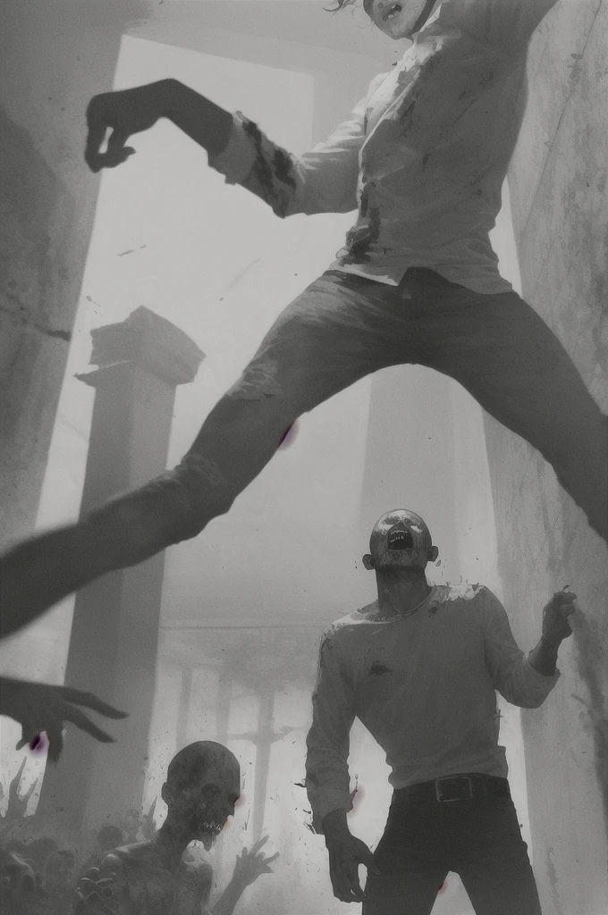 A man is stuck in a school with zombies. He has a knife in his hand (frightened and hopeless:1.1) as he tries (escape:1.2) from a zombie. This zombie is a version. (Creepy and Twisted:1.1) This zombie is his friend who turned into a zombie.
Take a break
This school (dark and bloody: 1.1) and there are corpses, traps, and messages on the walls, the scene (dark and gruesome: 1.1)
dark backlight, cinematic lighting, dark atmosphere,
-