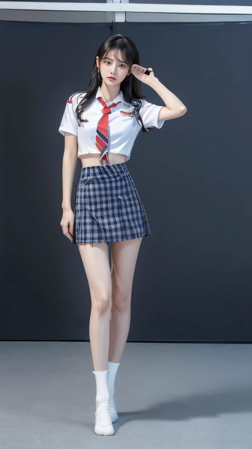((masterpiece)),(((最high quality))),(((((Full body shot of a girl taken from the floor:1.7))))),((Photograph the whole body from knee height:1.6)),((((((Please stand up straight:1.9)))))),((Thin thighs:1.3)),((Long legs:1.4)),(((Girl standing in a school classroom:1.7))),(((Micro Mini Skirt Uniform:1.6))),((Slim Model body type:1.8)),((Japan in summer uniform:1.8)),((Wearing a red tie:1.5)),(Wearing a white shirt with short sleeves:1.3),Her erect nipples are clearly visible under her clothes.,(Navy blue checked micro mini skirt:1.7),(16 years old:1.3),bangs,A small smile,((cute girl)),Slender girl,Black Loafers,(((short white socks up to the ankles,:1.2))),cute,The thighs below the groin are slim and firm,cute,Black hair ponytail,Thin legs,Slim Model body type,Very small waist,Small hips,Long thighs,Thin thighs,Thin hands,Long hands,((((Shooting full body from below:1.5)))),(((((k-popのIVEのWONYOUNGにそっくりの女の子:1.9))))),((Turn your whole body straight ahead:1.8)),((expensive:1.4)),(Stand with your legs straight without bending your knees:1.7),((Please stand up straight:1.7)),((turn your hips forward:1.7)),The ankles are super thin,beauty,Fine skin,Firm Skin,Realistically reproduced skin detail of thin legs,Very detailed, Attention to detail,high quality,Awards,High resolution,(Anatomically correct:1.3),(8k,RAW Photos,最high quality,masterpiece:1.5),(((Photographing a girl'Full body from below))),(((She is taking a picture with three other girls from her class.:1.5))),All three are slim and cute.,Height 173cm,((Please stand up straight:1.7)),((Please stand up straight:1.7)),((Please stand up straight:1.5)),((Please stand up straight:1.7)),(((Keep your back straight:1.8))),((Look forward:1.2)),9 head beauty,Model body type,((Inseam is half the height:1.3)),Thin thighs,((k-popのIVEのWONYOUNGにそっくりの女の子:1.5)),Tiny and slim waist