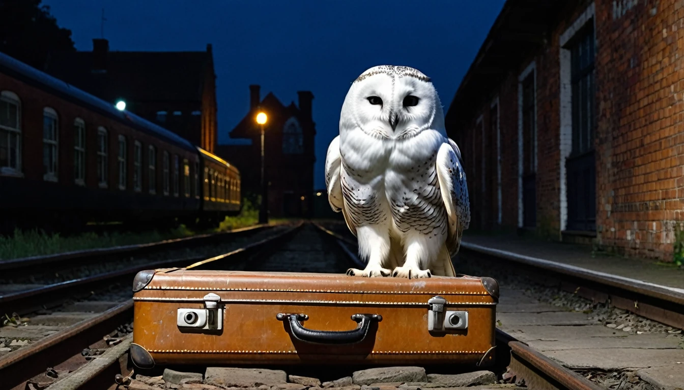 An old worn-out rolling suitcase, someone is pulling it. On top of the suitcase is a large white owl. The background is an old brick railway station, the lights are dim, mysteriously dark. Horroristic.