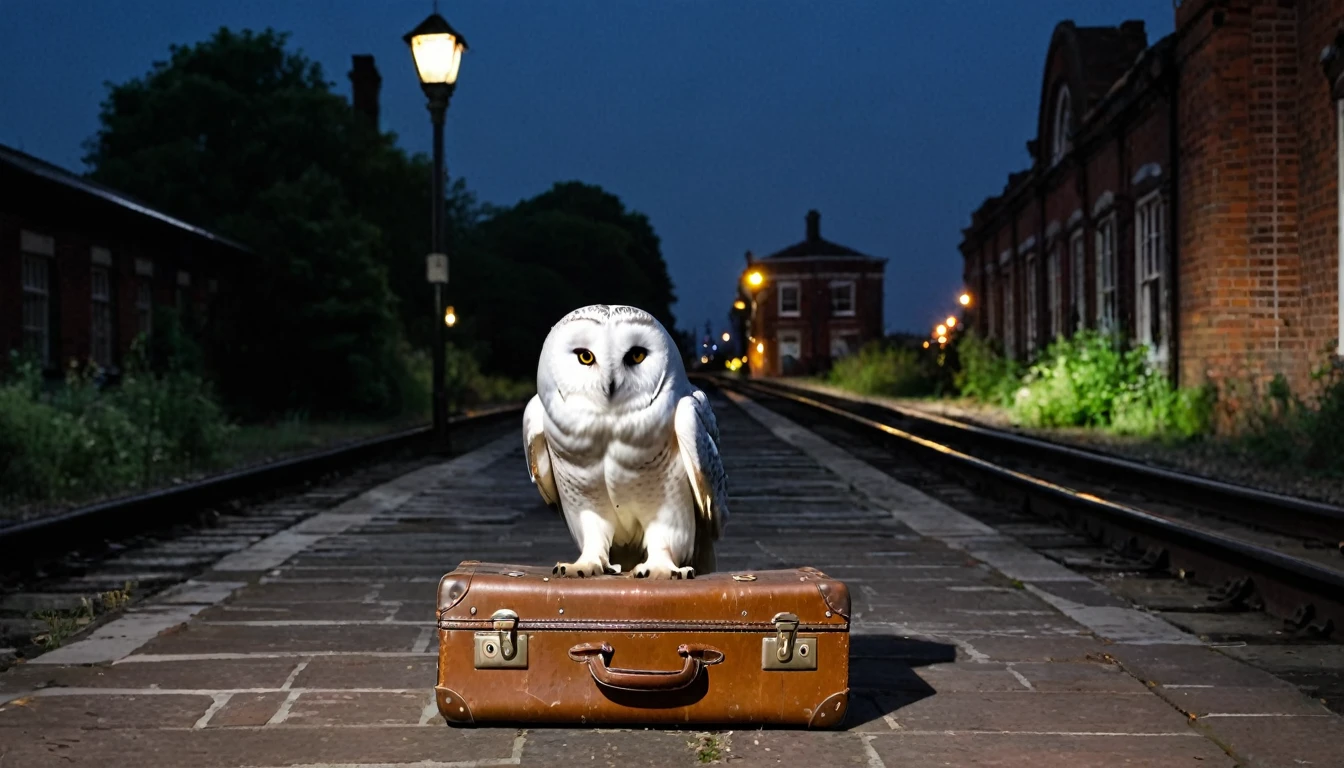 An old worn-out rolling suitcase, someone is pulling it. On top of the suitcase is a large white owl. The background is an old brick railway station, the lights are dim, mysteriously dark. Horroristic.