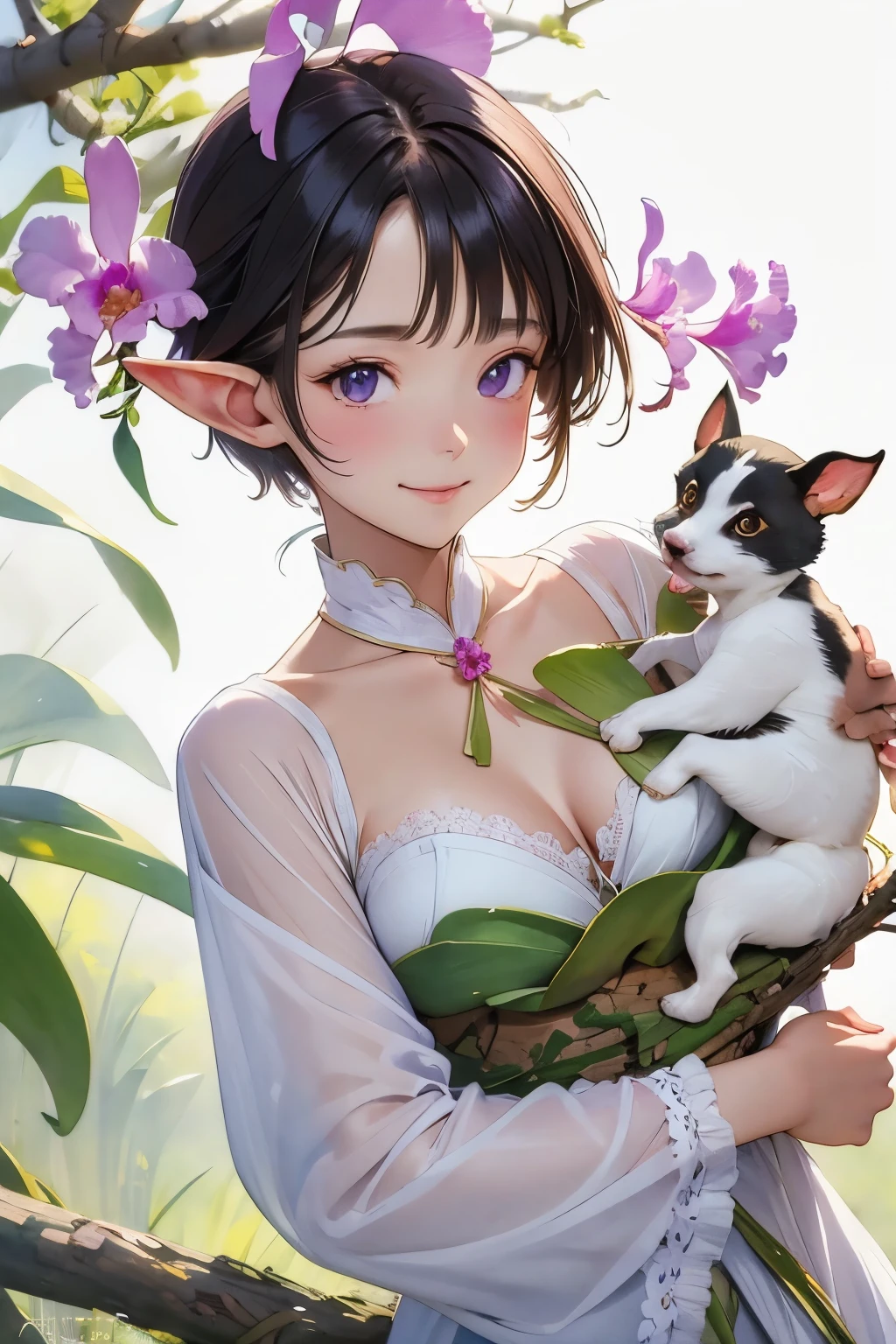 ((Cattleya, Three Flowers, close, whole body, ))、(Elf sitting on a tree branch、short hair、A kind smile、Small breasts)、Soft Focus、((Sargent-style watercolor))、((White Background))、(No background)、Blur the background、(Highest quality、High resolution、masterpiece)、4k anime art、
