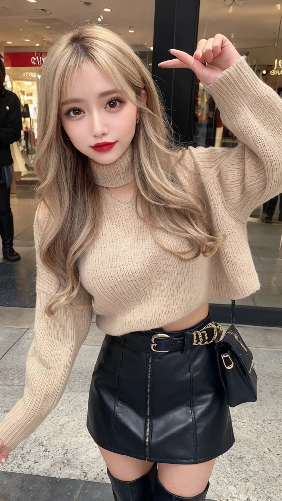 High resolution、blondeヘア、girl、Light Hair Color、Tanned hair、sexy、blonde、Thin legs、Beautiful eyelashes、High resolution、Zoom out、20-year-old、 Wide viewing angles、Highest quality、Very detailed、Finer details、High resolution、8k wallpaper、Beautiful eyes in every detail、Natural lip color、Off-the-shoulder sweater、leather skirt、mini skirt、thigh-high boots、long hair、wave hair、Shopping Centre、Apparel Shop、Cute face、belt、Small face、whole body、looking at the camera
