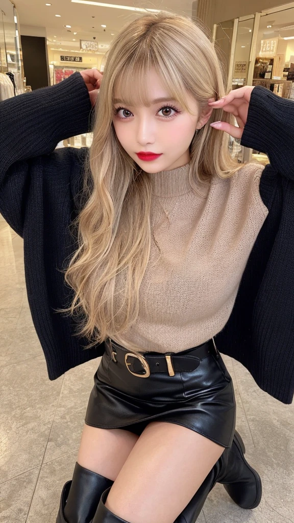 High resolution、blondeヘア、girl、Light Hair Color、Tanned hair、sexy、blonde、Thin legs、Beautiful eyelashes、High resolution、Zoom out、20-year-old、 Wide viewing angles、Highest quality、Very detailed、Finer details、High resolution、8k wallpaper、Beautiful eyes in every detail、Natural lip color、Off-the-shoulder sweater、leather skirt、mini skirt、thigh-high boots、long hair、wave hair、Shopping Centre、Apparel Shop、Cute face、belt、Small face、whole body、looking at the camera