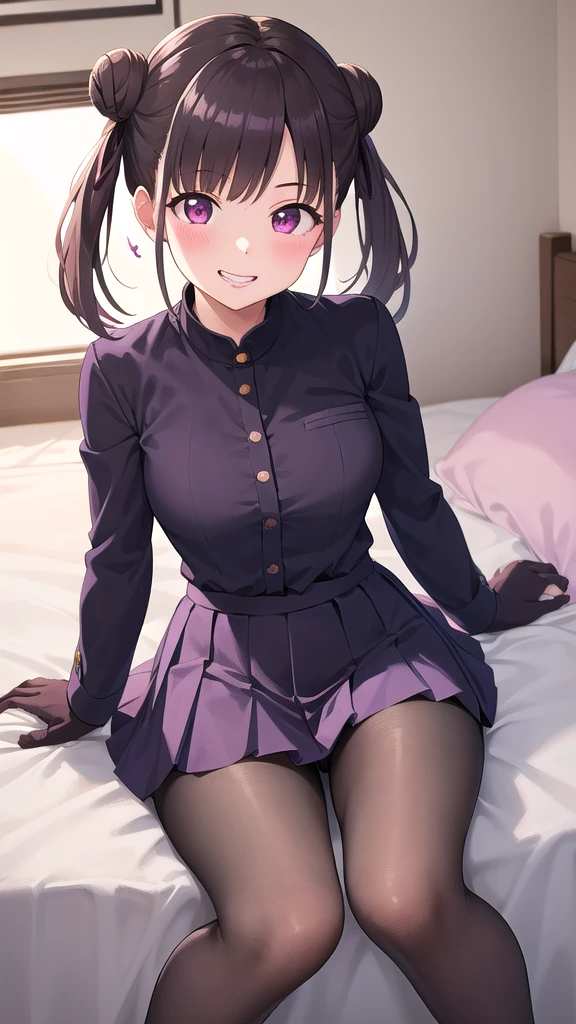 masterpiece, Highest quality, High resolution, Chiyoko, Hair Bun、Double good, Twin tails, Hair Ribbon, smile, Purple Lipstick、Pink Eyes、Grin、smile, 軽いsmile, anger, blush, saliva, 黒のMicro Mini Skirt、 （濃いPurple Lipstick、Purple lips）Highlight the face、、（濃いPurple Lipstick、Purple lips）Purple eyes, Purple lipicro adistic、、, Wide Hips, Thick thighs,  (邪悪なsmile: 1.3), 1 Girl, whole body,(masterpiece,Highest quality, detailed), One girl, alone, indoor, bed, Sitting, , whole body, Tilt your head, From above, View your viewers, Oshino Ougi, gakuran, Black gloves, Black jacket, Pleated skirt, Black Pantyhose, No shoes