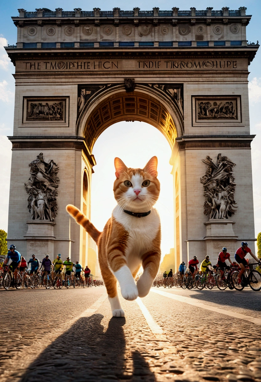 Cats running along the Champs-Élysées, Road cyclists ride close to cats,Sunlight shining through the arch, capturing the joyful atmosphere, Vibrant colors, High resolution, Very detailed, Professional Lighting, 