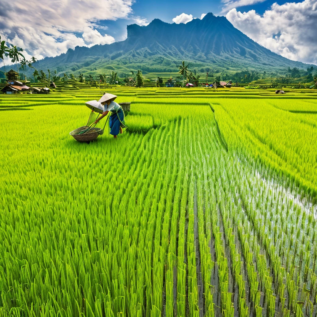 a photograph of a young woman working in a indonesian rice field with a mountain in the background, an ultrafine detailed photo inspired by Rudy Siswanto, cg society contest winner, javanism, vincent callebaut composition, rice paddies, vincent callebaut, thailand art, indonesian farmer, beautiful digital artwork, scenery artwork, a beautiful artwork photograph.