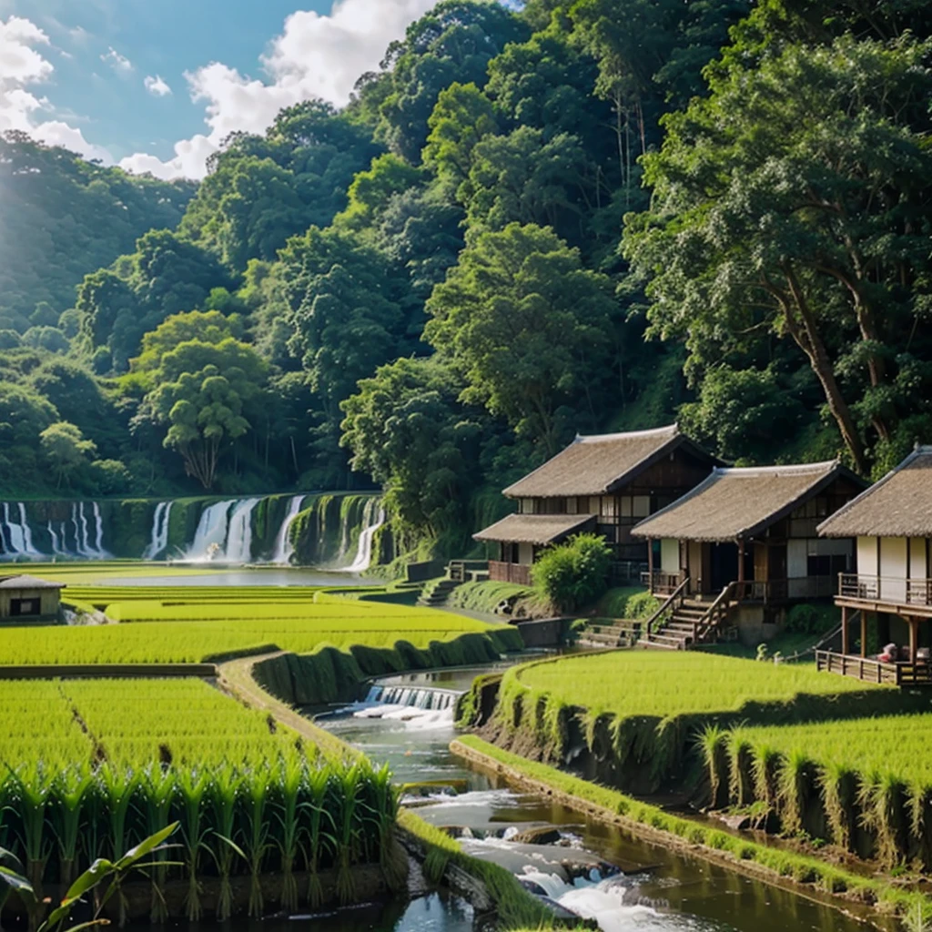 waterfall near rice fields
