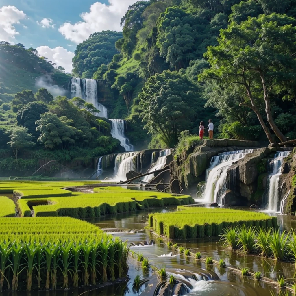 waterfall near rice fields