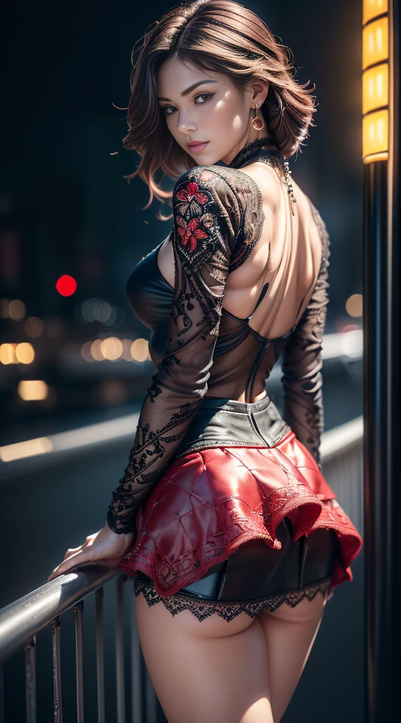 Realistic (photorealistic Realism, highres, masterpiece:1.2), dress a beautiful girl with a perfect figure in something nice, made of available materials ((silk), (canvas, nylon), (latex laced), ((lacy)), leather, ((jewelry)), (embroider), (clear sharp focus, not blurry, Realistic brown_eyes), Realistic skin texture, Ultra detailed, Lustrous hair and skin, (I encourage you to choose the right background for your phenomenally drawn creation), ((experiment, combine complex, multi-layered materials)), Attention to detail, Double eyelids, Wear an off-shoulder top, full bodyesbian, and if you want, you are standing, (back shot), lacy, lacing, High Contrast, muted colors, long legs, medium ass, ((Fantasy style)), (layer cut: 1.42), ((Brightly colored clothing)), ((no_Panties)), ((Exposing thighs)), (Erotic:1.6), ((black silken skirt, (tinyskirt:1.37), no_panties, curvy)), (Look sideways, look up, look down, random expressions), (rich including decorative embroidery:1.21), (red epic lace:1.22), (sharp focus), ((very intricate design of epic bodysuits:1.22)), ((city night), (neon sign), (night),