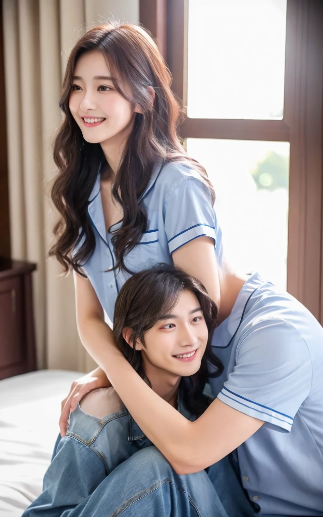 Tabletop, Highest quality, Attention to detail,A young man with a casual shirt and jeans-like hairstyle,Handsome face,While gazing lovingly at the girl in front of him。The girl was wearing cute pajamas.,Hair is soft、Flowing,Beautiful Features,He has a happy smile。The two were snuggling in the bedroom,The moonlight outside the window illuminated them.,Overall it's warm and romantic..。View from the side,The man hugged the girl tightly.,The expression is intense and affectionate,They are enjoying this wonderful moment。The overall image quality is delicate and clear,It looks like a high resolution photo,The texture of men and women and the texture of clothes are very realistic.4K、F cup breasts、Natural lip color、Nipples、Completely naked、Beautiful legs、Female organ、pubic hair、sexual behavior、sex