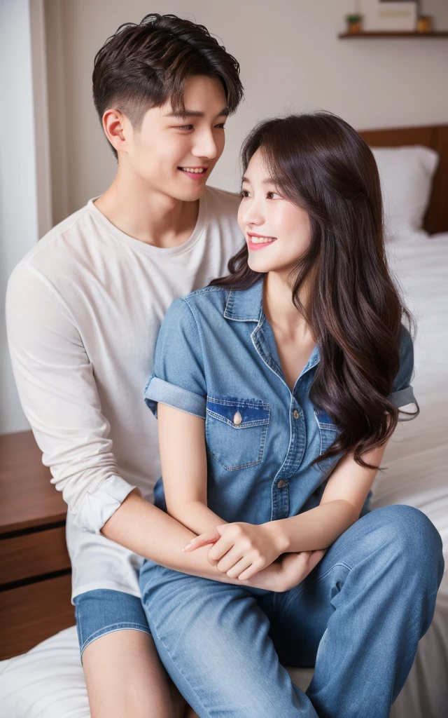Tabletop, Highest quality, Attention to detail,A young man with a casual shirt and jeans-like hairstyle，Handsome face，While gazing lovingly at the girl in front of him。The girl was wearing cute pajamas.，Hair is soft、Flowing，Beautiful Features，He has a happy smile。The two were snuggling in the bedroom，The moonlight outside the window illuminated them.，Overall it&#39;s warm and romantic..。View from the side，The man hugged the girl tightly.，The expression is intense and affectionate，They are enjoying this wonderful moment。The overall image quality is delicate and clear，It looks like a high resolution photo，The texture of men and women and the texture of clothes are very realistic.4K、F cup breasts、Natural lip color、Nipples、Completely naked、Beautiful legs、Female organ、pubic hair、sexual behavior、sex