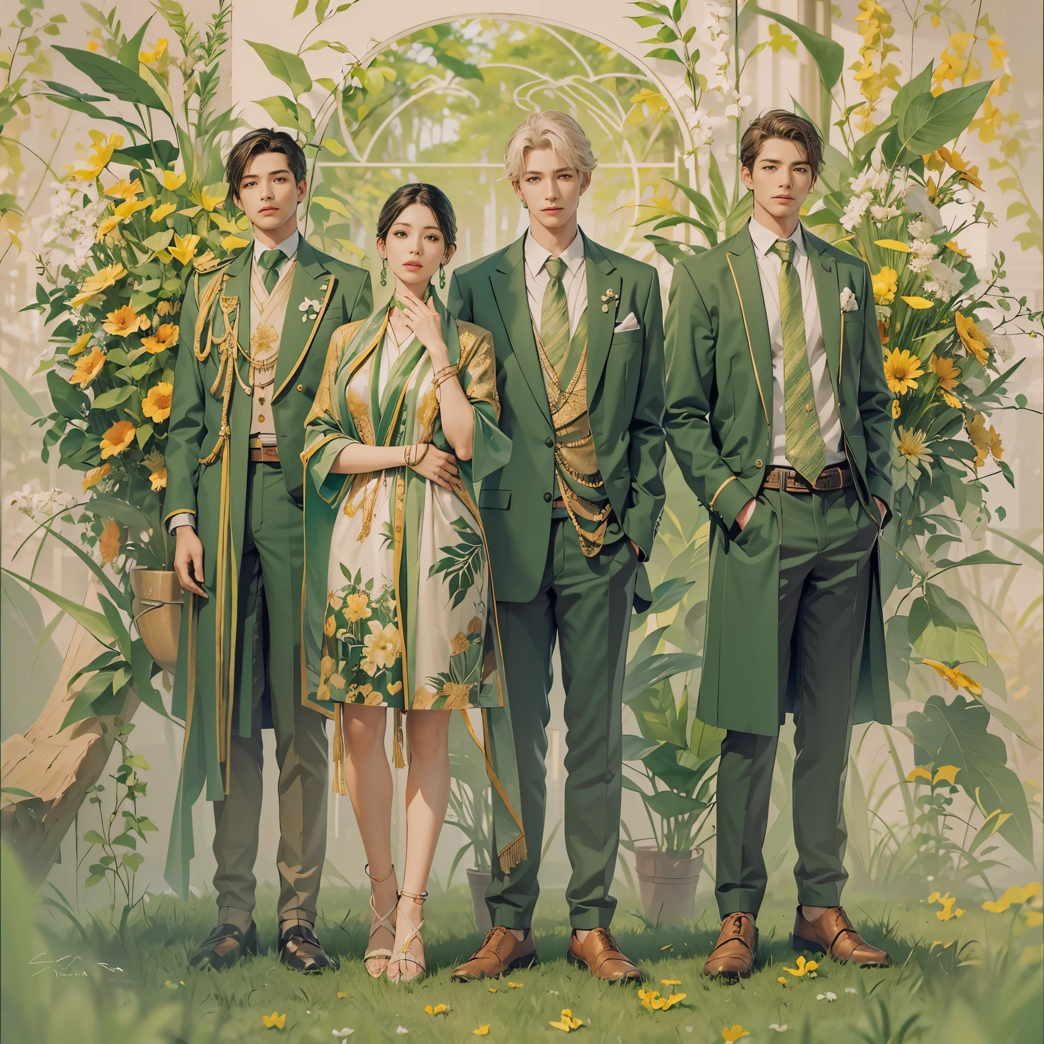 Create an image divided into four sections with a green theme: a lively Campaigner male, a serene Mediator female, a confident Protagonist male, and a wise Advocate male, each in distinctive poses against a unified backdrop with shades of green, incorporating delicate and mystical elements to enhance the overall visual appeal.