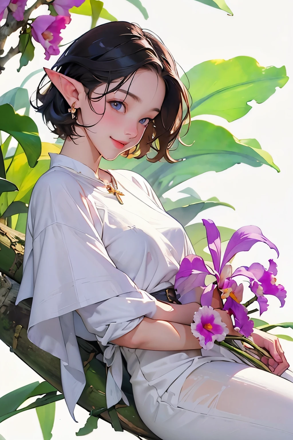 ((Cattleya, Three Flowers, close, whole body, ))、(Elf sitting on a tree branch、short hair、A kind smile、Small breasts)、Soft Focus、((Sargent-style watercolor))、((White Background))、(No background)、Blur the background、(Highest quality、High resolution、masterpiece)、4k anime art、
