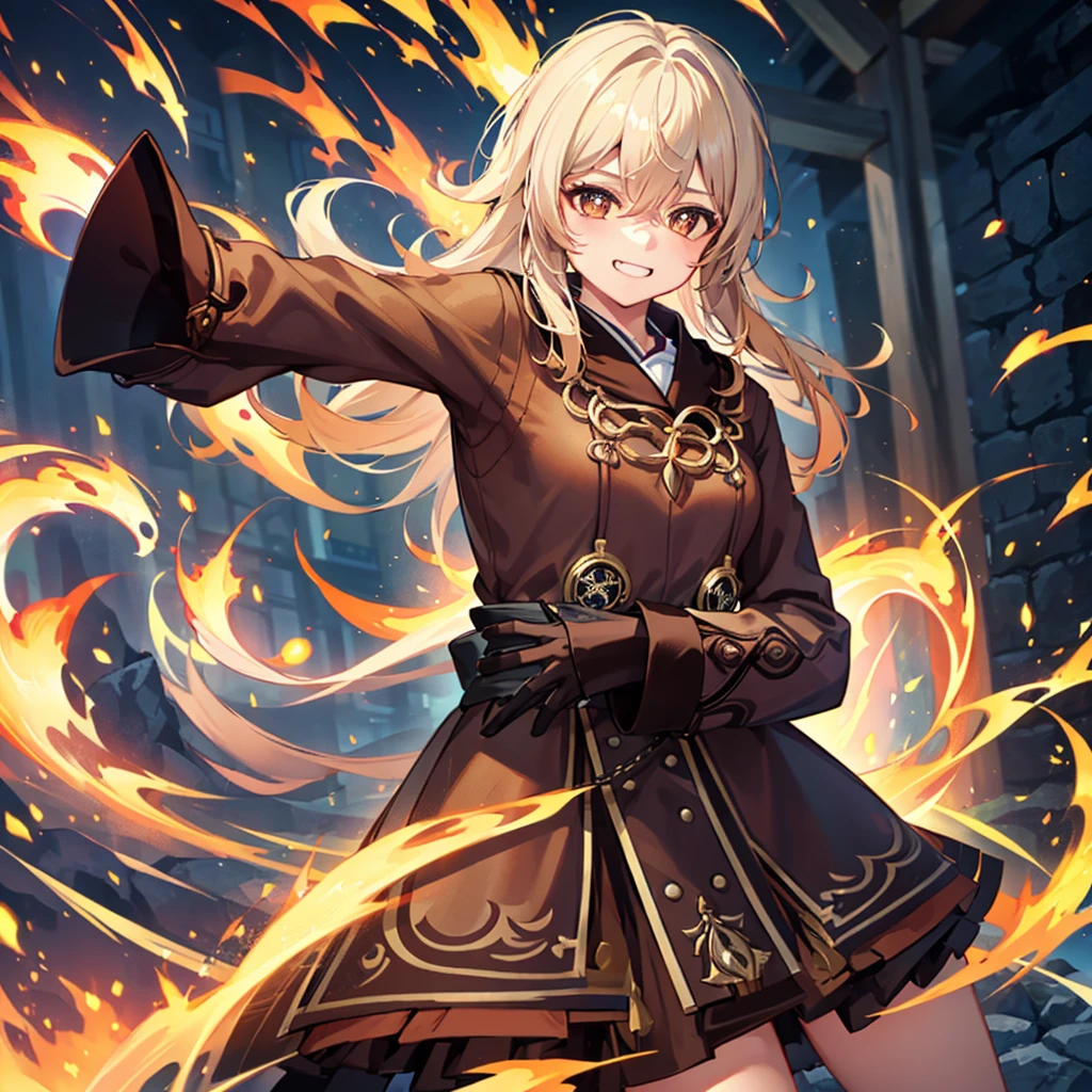 1 girl, genshin impact, hut style, power of fire, Grinning, grappling, brown clothes with yellow details, blurred shimmering power, body detailed, ((best qualityer)), ((4K))