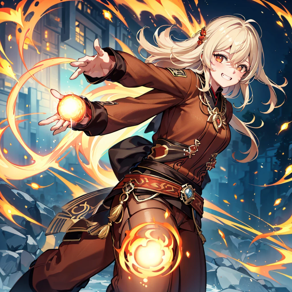 1 girl, genshin impact, hut style, power of fire, Grinning, grappling, brown clothes with yellow details, blurred shimmering power, body detailed, ((best qualityer)), ((4K))