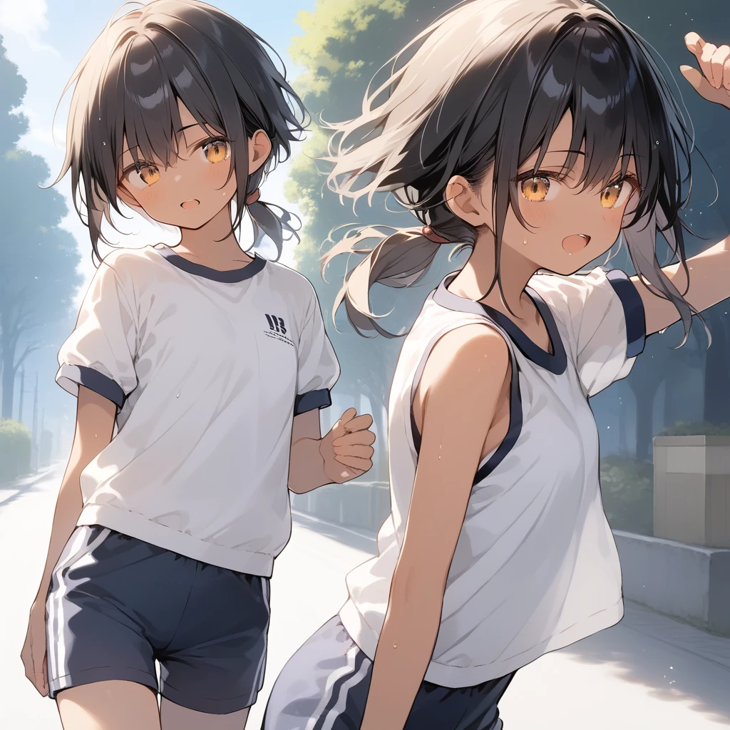 score_9, score_8_up, score_7_up, source_anime, best quality, masterpiece, official art, absurdres, highres, ultra-detailed,waifu2x,Collection: Slice of Life,break,1girl, tomboy, dark-skinned female, short hair, low ponytail, flat chest, beautiful detailed eyes, gym uniform, gym shorts, sweat, open mouth, (yawn:0.3), sleepily, outdoors, park, wind,break,(clear line illustration:1.2), super detailed skin,very high resolution, very aesthetic, Best sexual lighting powered by famous artist, 8k,cute picture,beauty illustration,photoshop_(medium),,(Detailed Lighting),best anime 8k konachan wallpaper, pixiv contest winner,