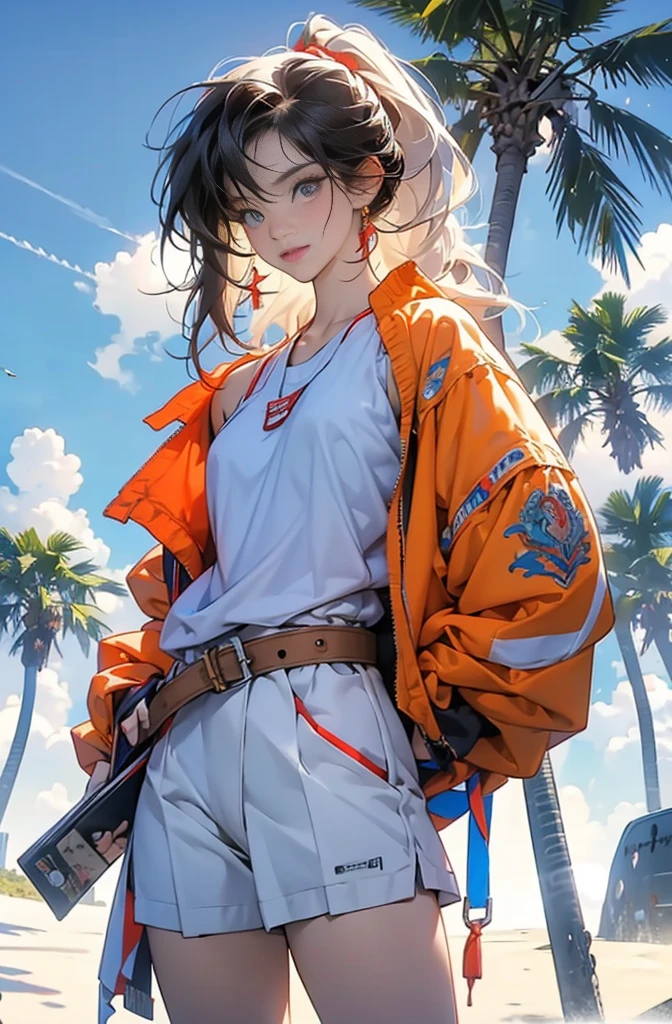 Very colorful, Hideto Suzuki, Pop feel, Blue sky, cumulonimbus, Palm Tree, アメリカWest Coast, California, Seaside town, Summer image, sense of openness, Beautiful woman with a beautiful orange ponytail, Very beautiful detailed eyes, Beautiful and delicate eyes, Around 25 years old, Red Tank Top, Wearing a jacket, stylish belt, Perfect tall model figure, Cool Beauty, West Coast, Shining summer memories, Anime drawing by Yang J, シティポップのお洒落なCD jacket, Art Station Trends, realism, extremely detailed The buds of art, Realistic anime 3D style, Anime Style 4 k, Up to the model | The buds of art, Anime Style. 8k, Casual clothing, Realistic anime art style, style The buds of art, Sharp contours, Highest quality, The perfect angle, Perfect composition, Perfect subject, Best Shot, Official Art,CD jacket, 80's City Pop, Stylish, Very stylish, Beautiful anime drawings inspired by Yanjun Chen, Trending on Art Station, realism, Anime Style 4 k, Anime Style. 8k, Realistic Anime 3D Style, Realistic anime art style, Beautiful digital anime illustrations, Style Anime, Gweiz-style artwork, Anime Style illustration, Very detailed and beautiful digital anime art