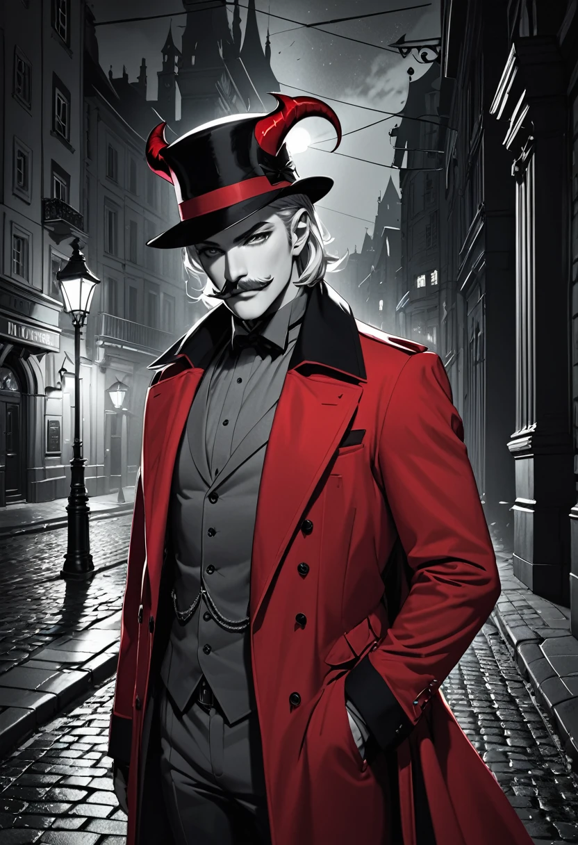 (masterpiece, best quality,ultra highres),male old Devil,silver hair,Devil in a red bowler hat,(devil horns),Mustache,Red mantle,(Lizard-like gray tail),thin body,hand to viewer,nihil smile,Devil Deceiver,europe at night,He is illuminated by the streetlight,monochrome with Splash Color,eerie atmosphere, absurdres, highres, extra detailed,magnificent view,