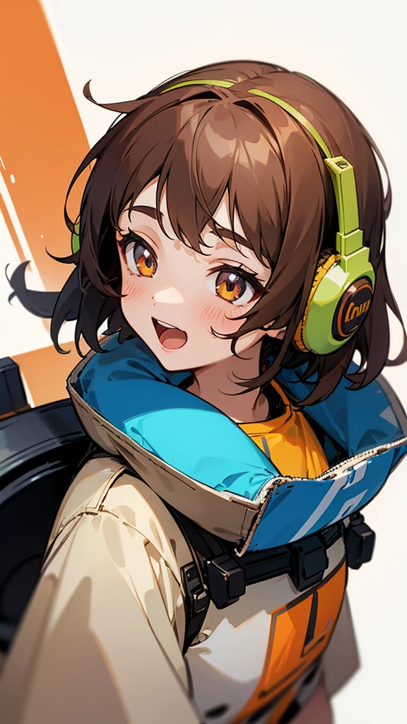One girl, Brown Hair, Medium Hair, Textured skin, chest, Open your mouth, Bright Eyes, happiness/joy, Simple Background, Headphones worn behind the head, Illustration effect for posters and magazines, anime,