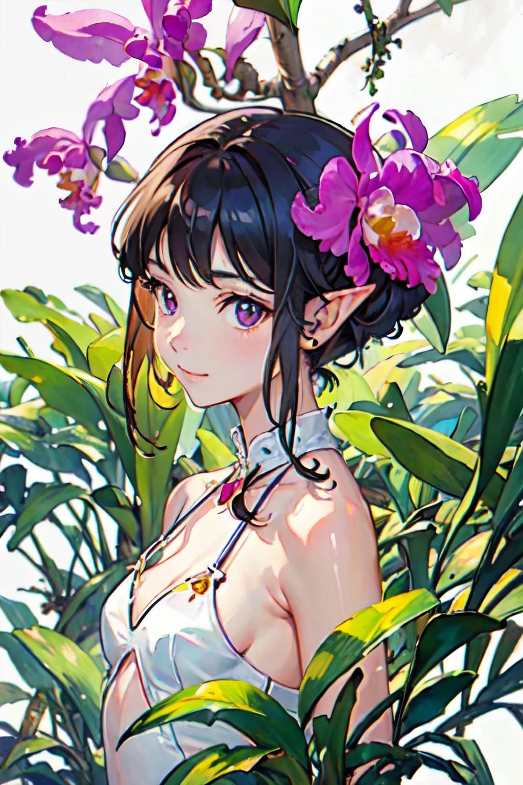 ((Cattleya, Three Flowers, close, whole body, ))、(Elf sitting on a tree branch、short hair、A kind smile、Small breasts)、Soft Focus、((Sargent-style watercolor))、((White Background))、(No background)、Blur the background、(Highest quality、High resolution、masterpiece)、4k anime art、
