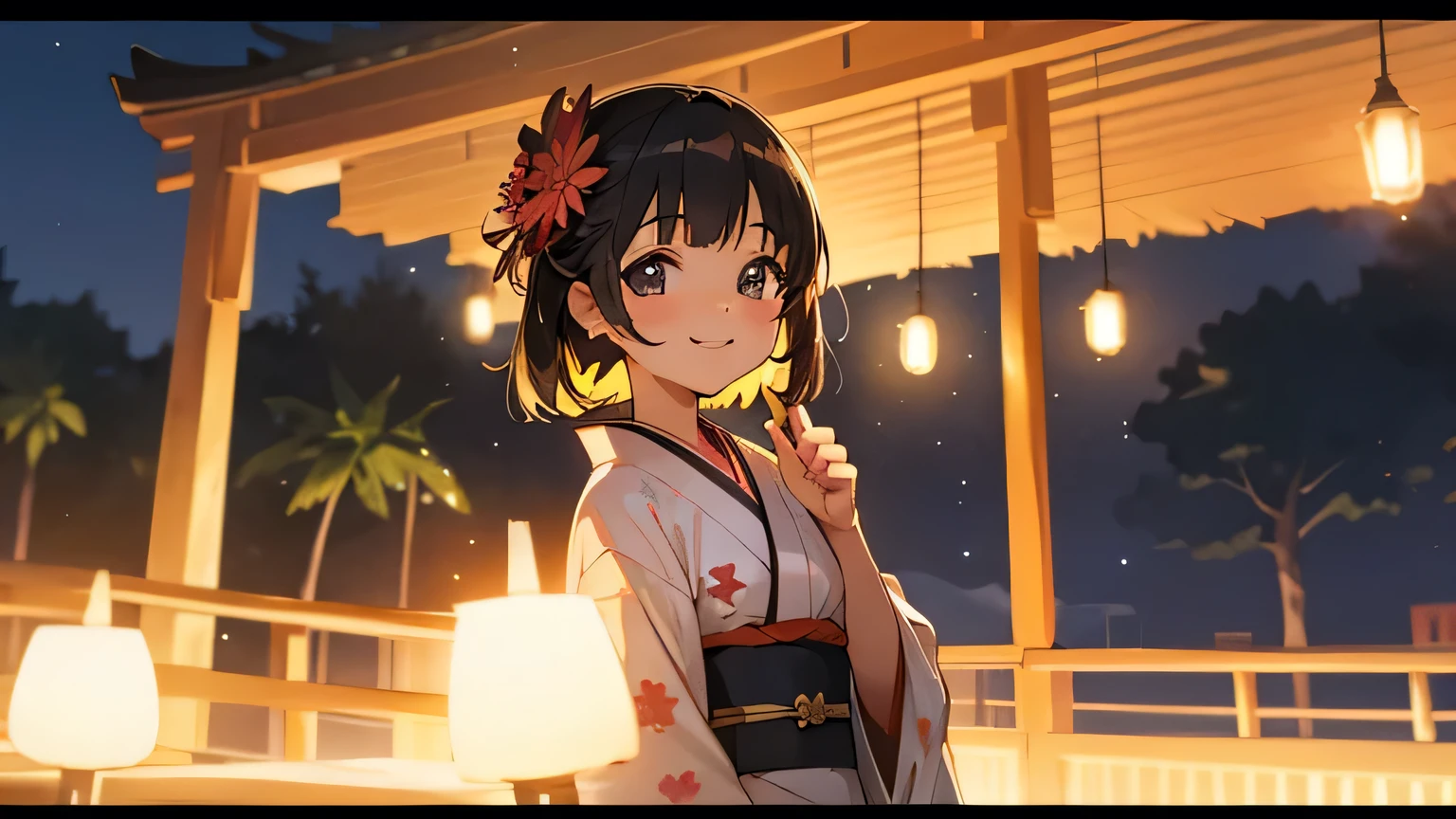 summer night、kimono、Smiling Girl、stall、bright、Sparkling、