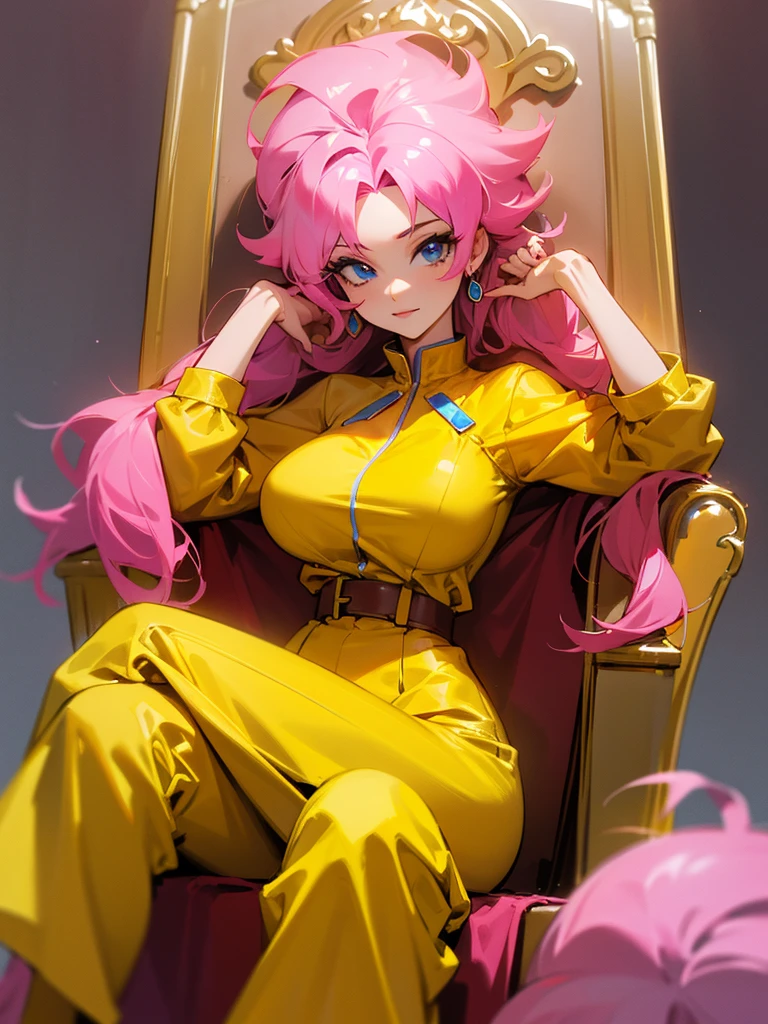 a mature woman , pose de heroi, big pink hair, blue bright eyes, wearing a mustard yellow jumpsuit. pose de heroi, big breasts35 years old, sitting on a royal throne