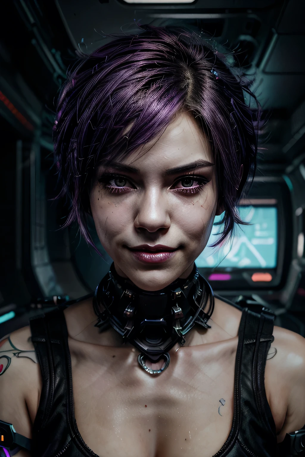 Portrait of a beautiful woman with short purple hair, a mischievous look, a mocking smile, sexy, cyberpunk theme, cyber implants, epic fantasy digital drawing style, realistic, anime, cartoon, dynamic lights, very detailed, 2D style