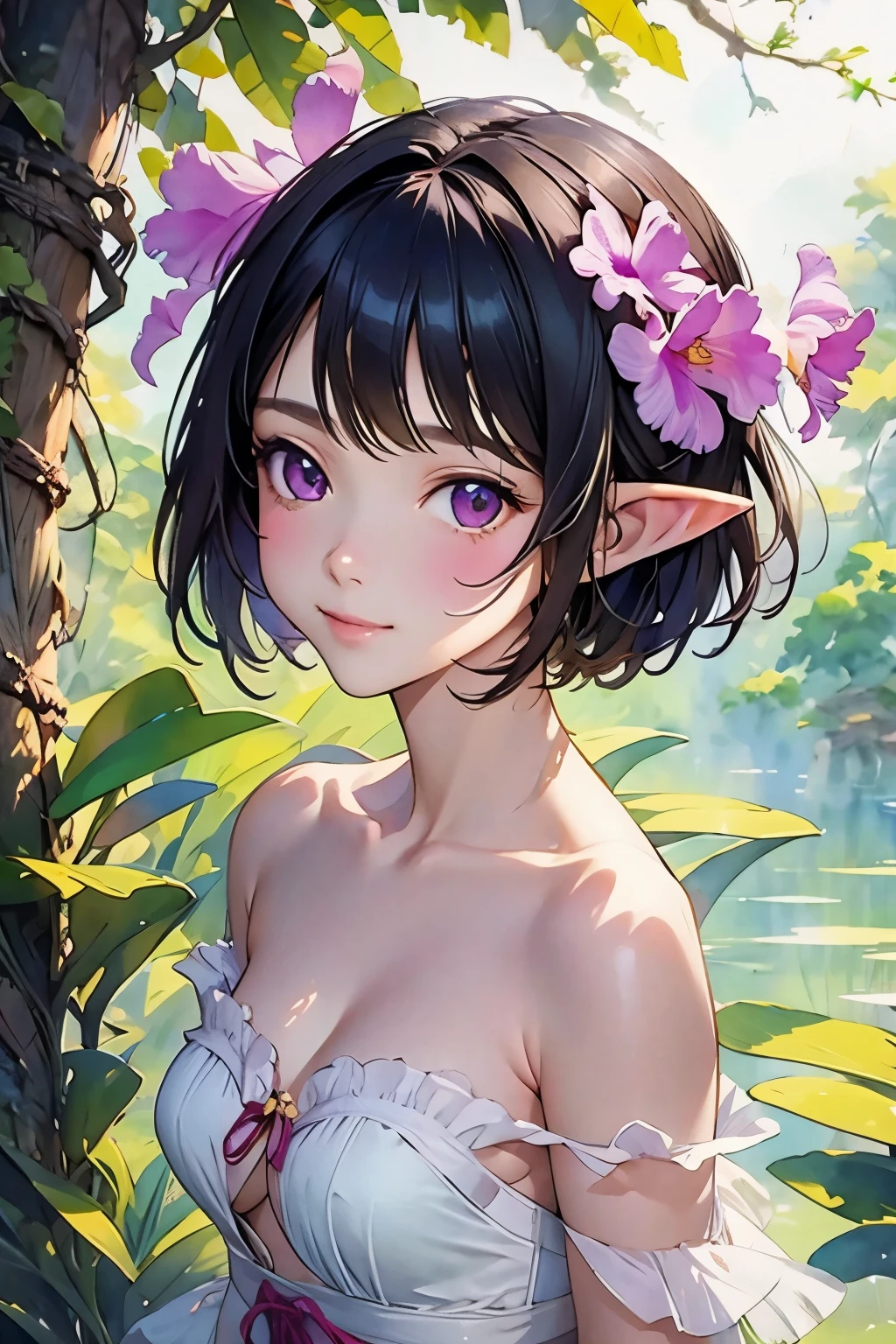 ((Cattleya, Three Flowers, close, whole body, ))、(Elf sitting on a tree branch、short hair、A kind smile、Small breasts)、Soft Focus、((Sargent-style watercolor))、((White Background))、(No background)、Blur the background、(Highest quality、High resolution、masterpiece)、4k anime art、