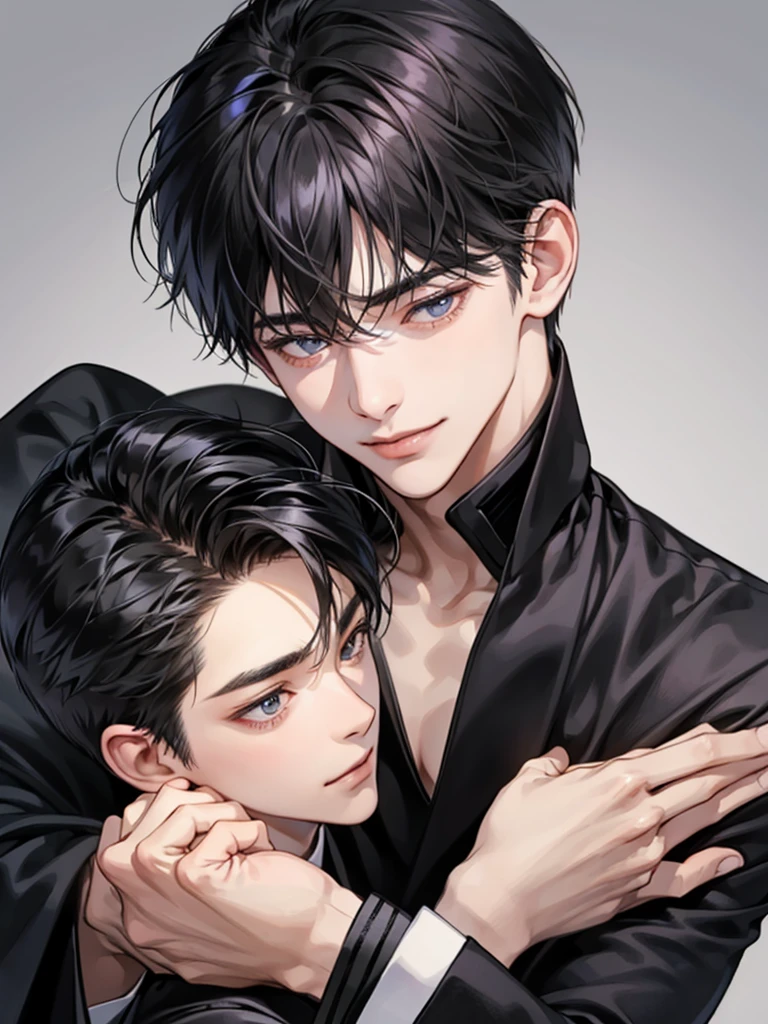 Two men with different heighten and little men、Black-haired man、Man hugging each other、A detailed face、Happy expression on face、Lovers、Boys Love、make love、Two men
,no background