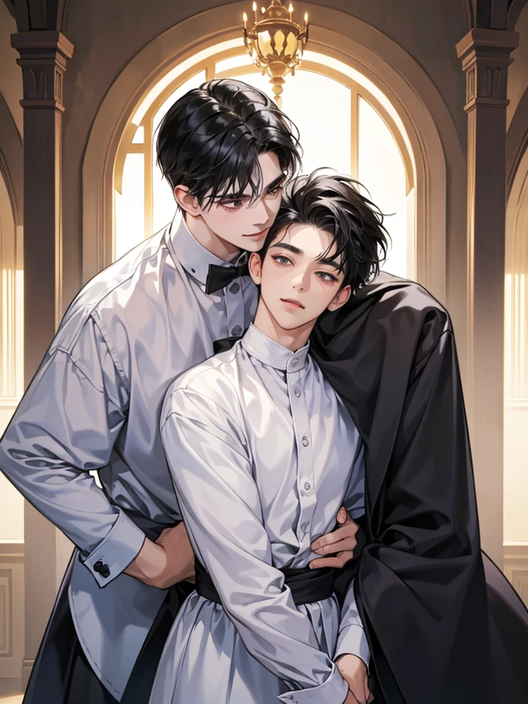 Two men with different heighten and little men、Black-haired man、Man hugging each other、A detailed face、Happy expression on face、Lovers、Boys Love、make love、Two men
,no background