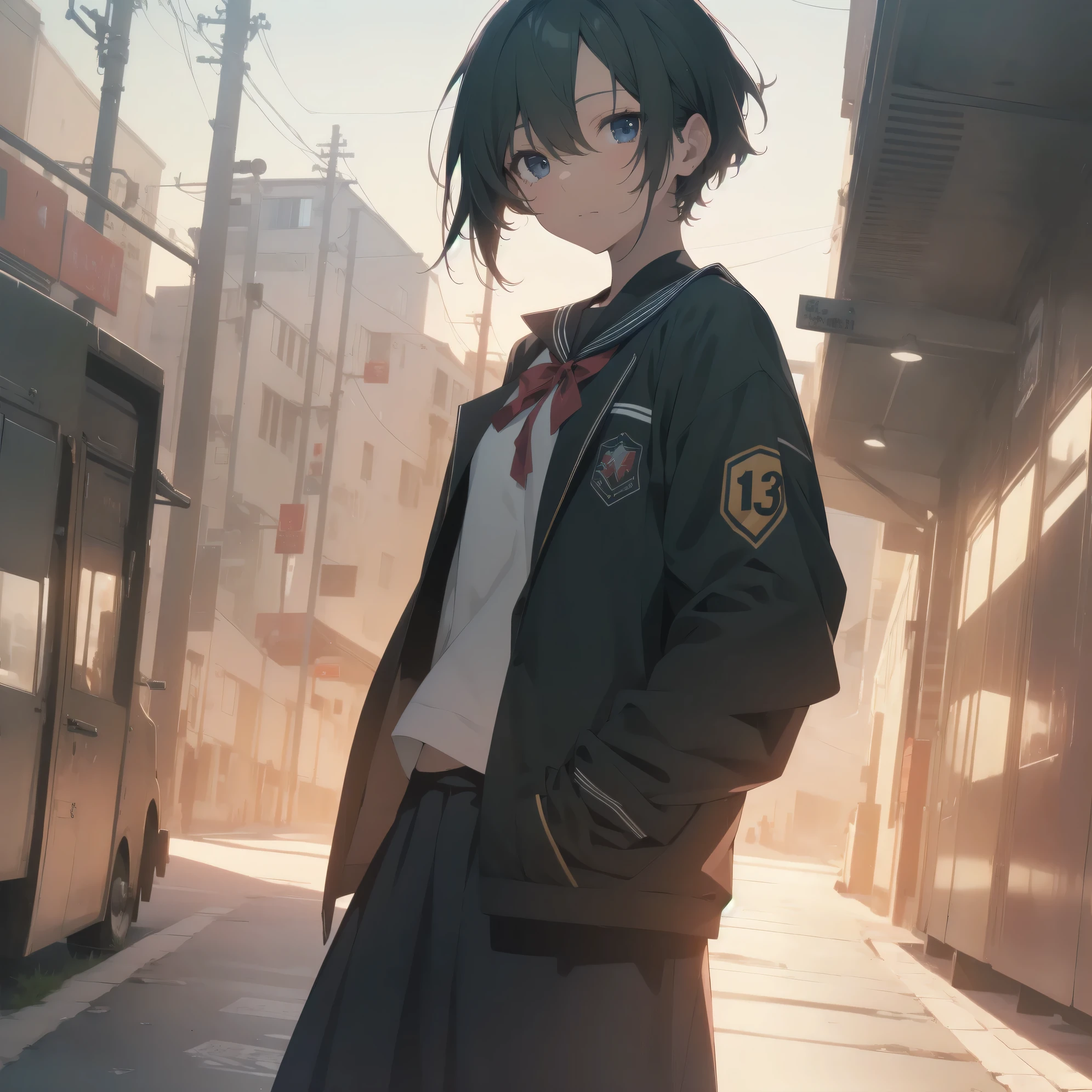 ultra-absurdres-Top quality by artist God, ultra-detailed, high resolution, anime moe artstyle, best anime 8k konachan wallpaper, pixiv contest winner, pool:2810, perfect anatomy,break, 1girl, (Please draw a girl walking sleepily to school alone. )break,(Solo,little female, 13-year-old:1.3),Full limbs, complete fingers,a junior high school student, (very short hair), short cut, flat chest, , small butt, small black eyes, beautiful detailed eyes, well-proportioned iris and pupils, expressive eyes, highres detailed hair, soft expression, salor school_uniform, sailor collar, serahuku, bow, pleated skirt,(Detailed Lighting), (Detailed background), in the School commute route. break,super detailed skin, Best cinematic lighting powered by famous artist, 8k,beauty illustration,photoshop_(medium),very aesthetic,break,((artist:kotorai )), artist:clamp ,artist:carnelian ,artist:kantoku ,
